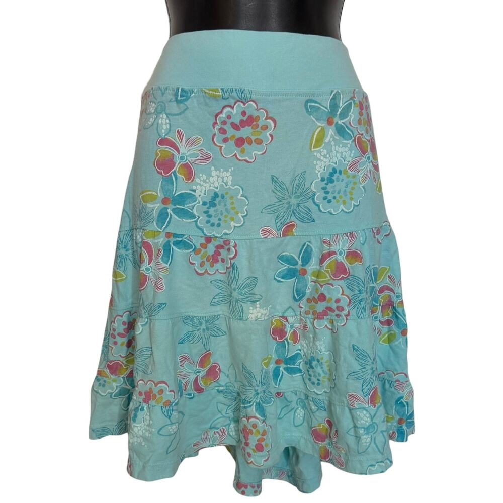 Fresh Produce XL Turquoise Floral Cotton Tiered Skirt Skort Made In USA Beachy